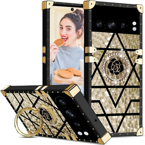 CCSmaller for Google Pixel 8 Pro Case for Women Girly, Cute Elegant Metal Decoration Corner Soft TPU Bumper Case with Ring Kickstand Cover for Google Pixel 8 Pro BF Plaid Gold