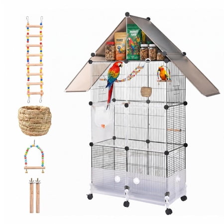 Large Parrot Cage, 28.3''L x 14.1''W x 61.8''H Conure Cage with Acrylic Panel Door and 6 Smooth-Roll Casters for Small to Mid-Sized Birds with Wooden Perches and Pull-Out Tray