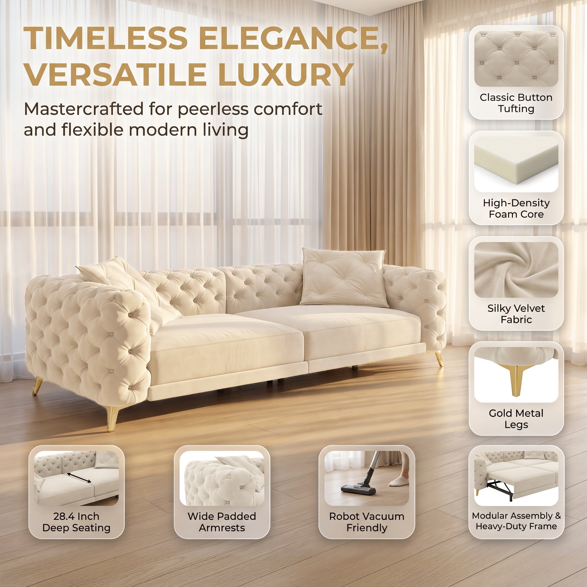 3-in-1 Velvet Sleeper Sofa Bed, 97.7" Modern Button Tufted Convertible Pull Out Couch with Gold Metal Legs & Deep Seat for Living Room, Beige