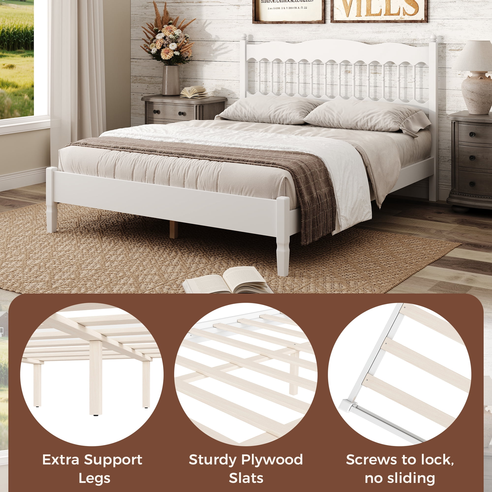 Mintazer Farmhouse Queen Platform Bed with Spindle Headboard, Vintage Arched Slat Platform Bed Frame for Bedroom, No Box Spring Required, White