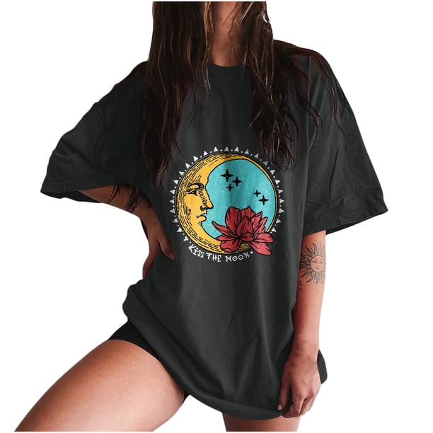 Blusa de manga corta con estampado de luna y sol de calavera divertida con mangas caídas vintage para mujer Pompotops hfajkhk125015