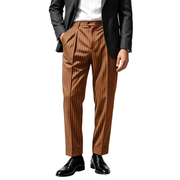 RUTAYY Men's Dress Pants Pleated Front Straight Leg Slim Fit Business Casual Formal Cropped Trousers, Brown