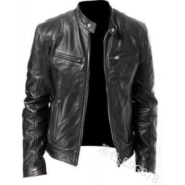 Chaqueta de cuero sintético con bolsillo decorativo y cremallera cálida para caballero de invierno, chaqueta de cuero de corte entallado y cuello vertical