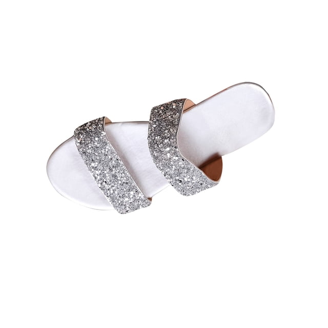 Beach Flat Sandals for Women, Solid Color Slip-On Style with Sequined Rhinestone Strap, Soft Footbed, Open-Toe Design, Lightweight Sole, Breathable Summer Footwear