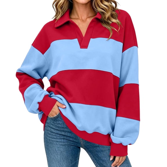 Enjoytime Womens Sweatshirt Striped V-Neck Long Sleeve Pullover Tops Fall Fashion Loose Casual Lightweight Sweatshirts