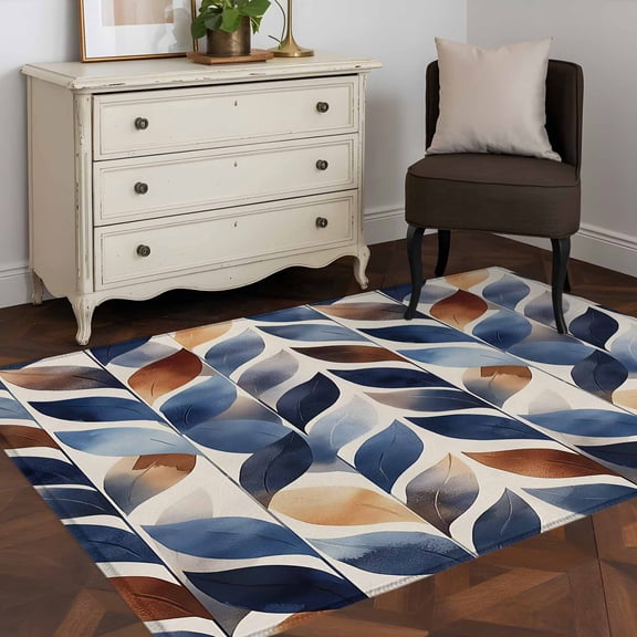 3'x5' Area Rugs, Navy Blue Burnt Orange Botanical Indoor Outdoor Area Rug for Living Room Bedroom, Abstract Palm Leaf Washable Bathroom Rugs Kitchen Floor Carpet Mats Home Decor Aesthetic