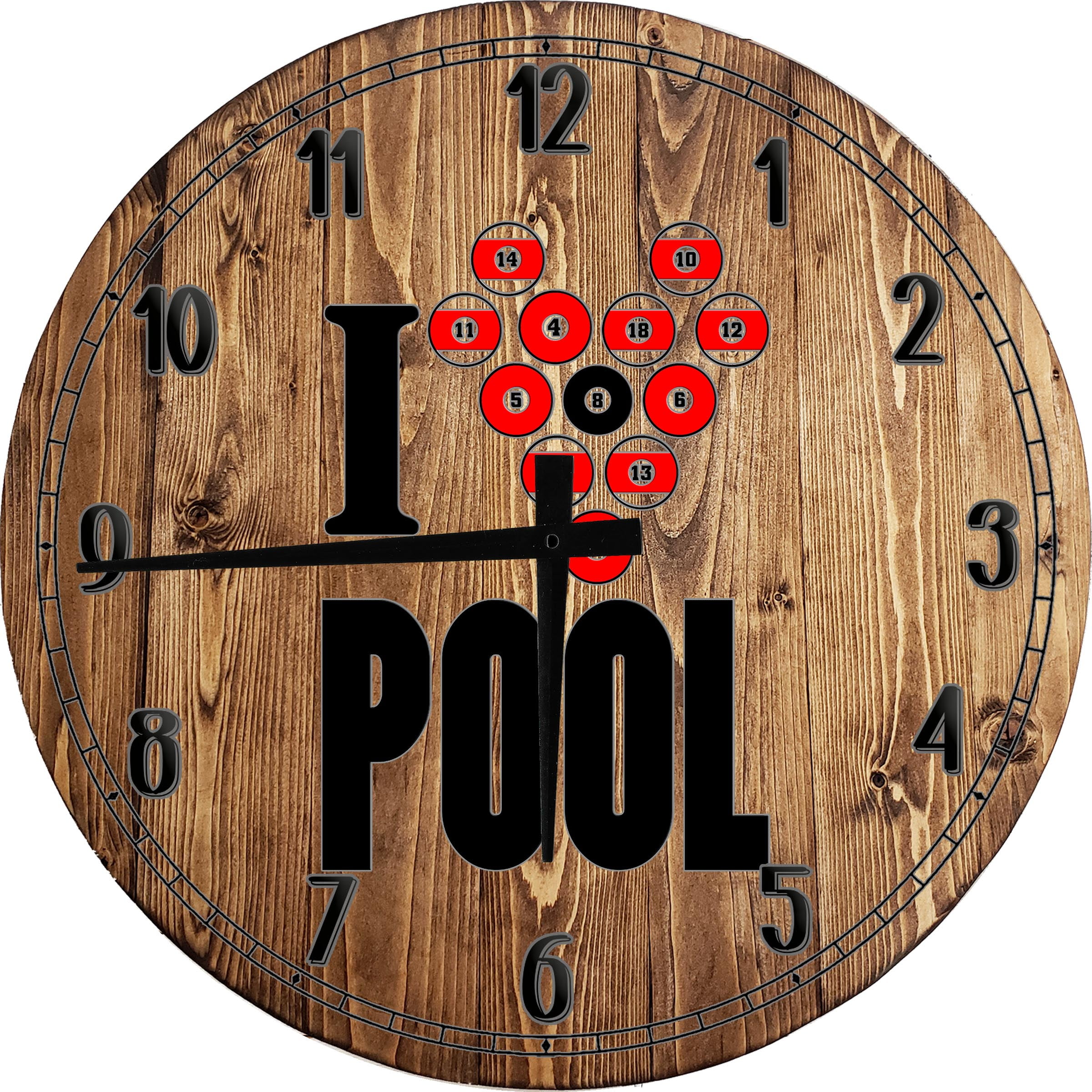 Wood Wall Clock 12 Inch Game Room Clock I Love Pool with Billiard Balls