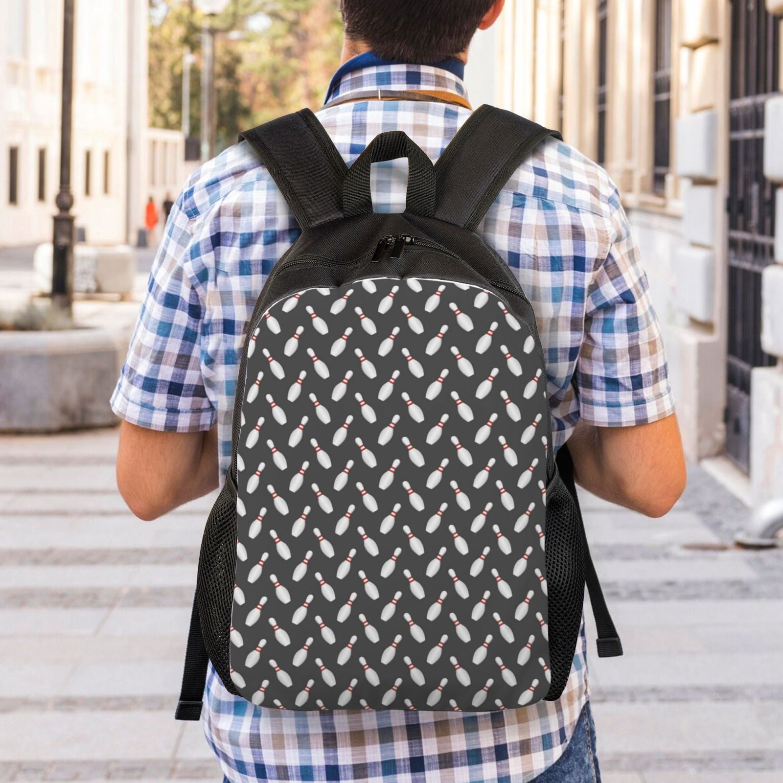 Defioc Bowling Pins Print Backpack -Travel,or Work Bookbag Daypacks with 15-Inch Laptop Sleeve and Dual Water Bottle Pockets