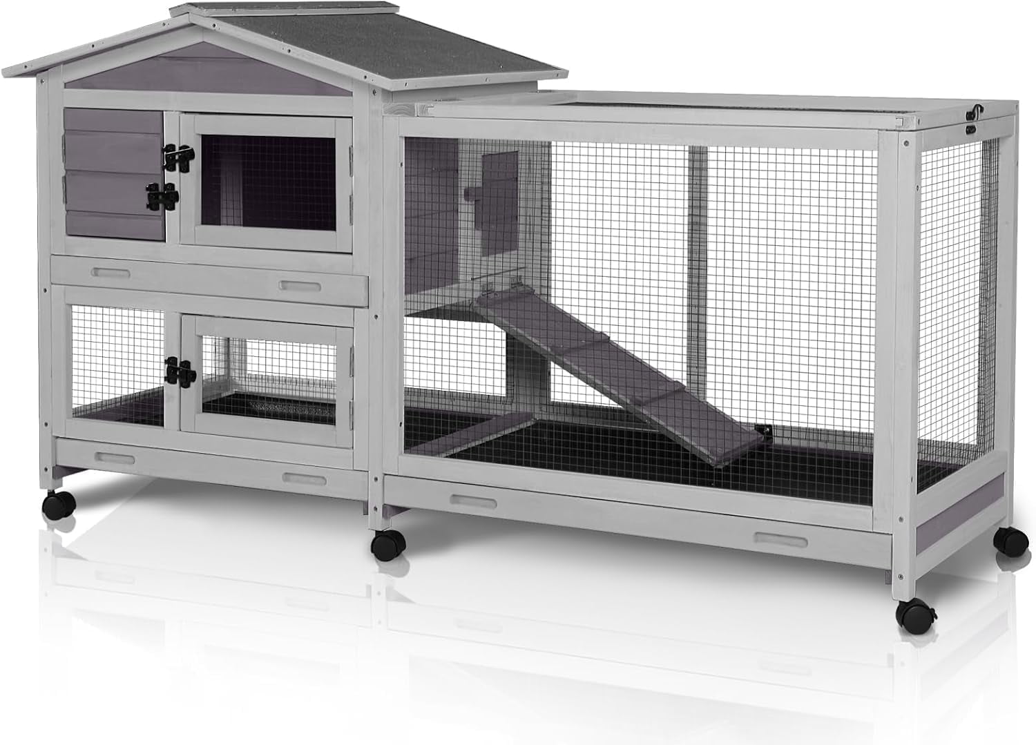 MEDEHOO Bunny Cage Indoor Outdoor Rabbit Hutch with Casters Waterproof Roof, Pull Out Tray from Back and Front, 61.2" L x 22.6" W x 33.5" H