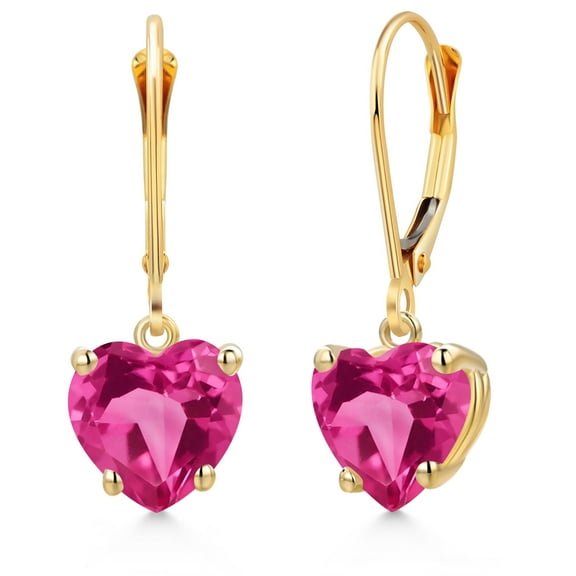 Gem Stone King 14K Yellow Gold Pink Created Sapphire Earrings for Women | 3.60 Cttw | Gemstone September Birthstone | Heart Shape 8MM