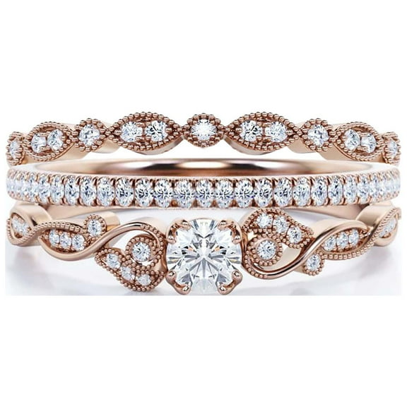 Vintage Look Boho & hippie 1.75 Carat Round Cut Diamond Moissanite Engagement Ring, Wedding Ring in 925 Sterling Silver With 18k Rose Gold Plating Gift For Woman, Promise, Trio Set, Matching Band