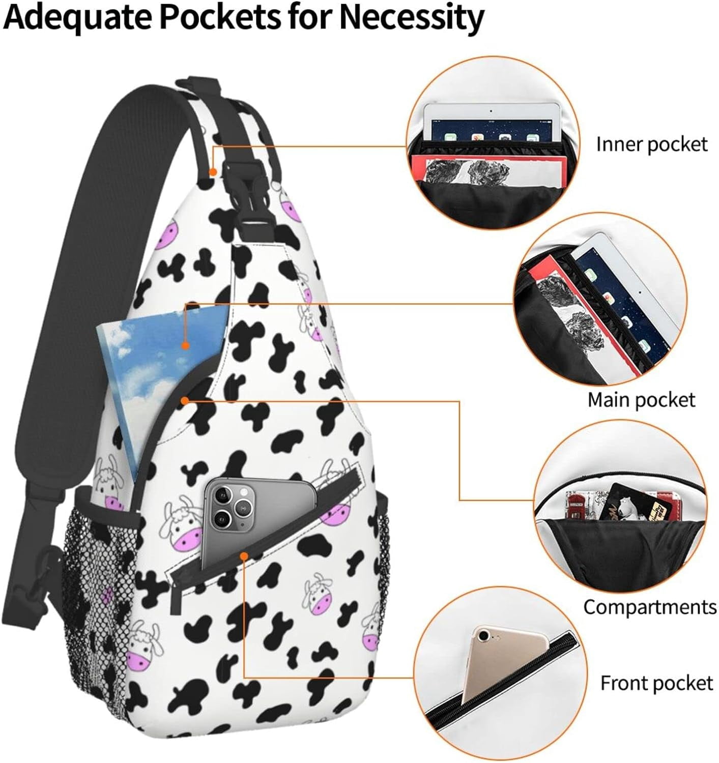 Cartoon Cow Pattern Sling Bag Crossbody Hiking Travel Chest Bags Backpack Shoulder Daypack for Women Men