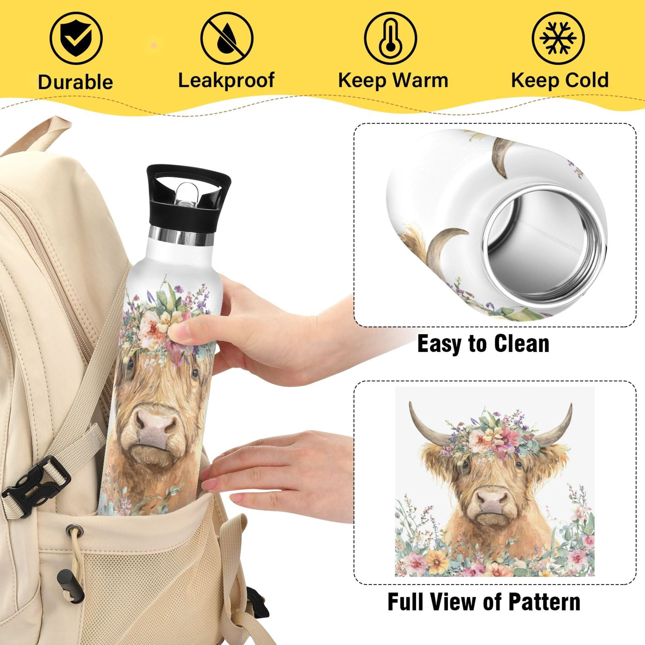 Kids Insulated Stainless Steel Sports Water Bottle 600ml Highland Cow with Flowers