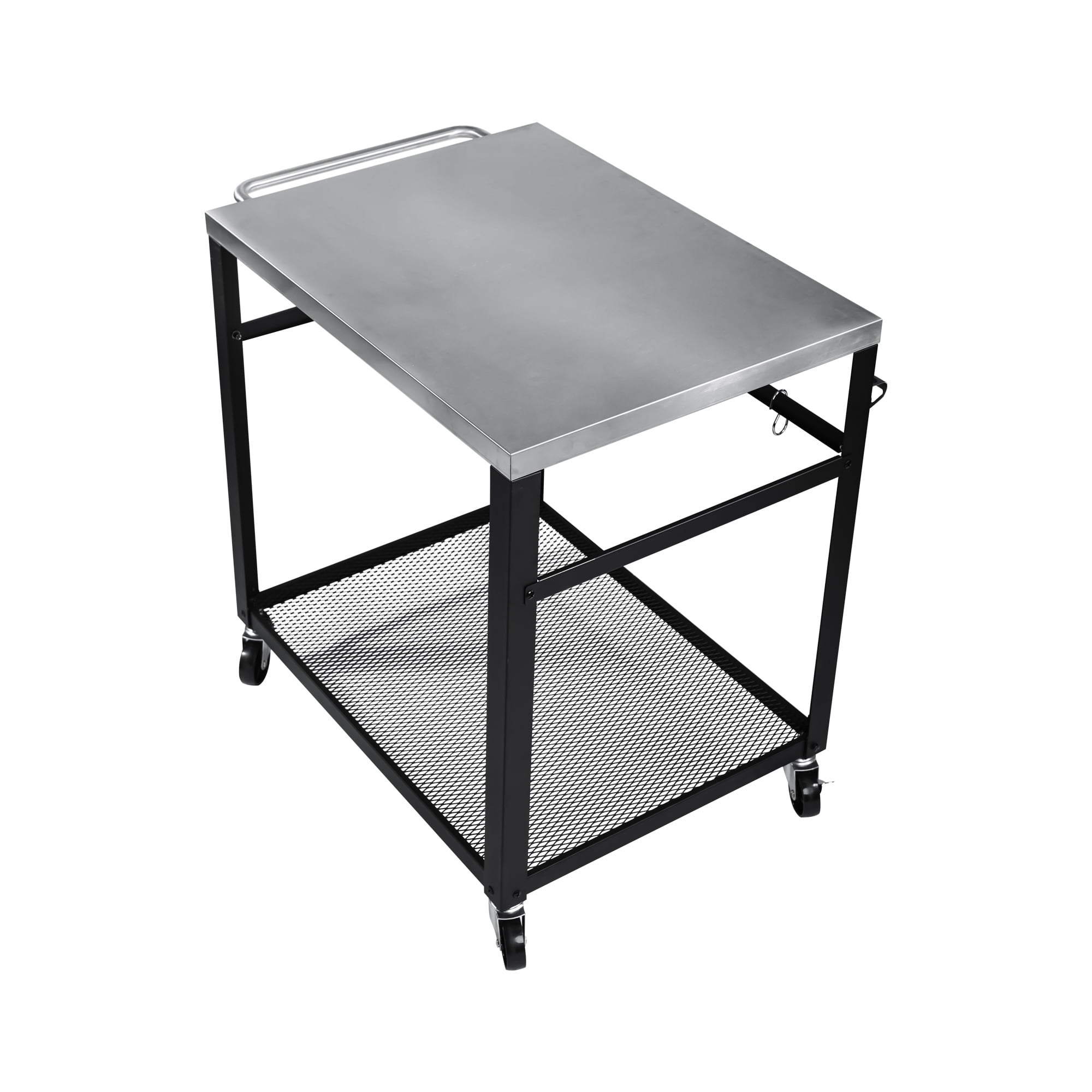 2-Tier Outdoor Grill Cart with Stainless Steel Top Locking Wheels Tool Hooks Movable BBQ Prep Table, Black