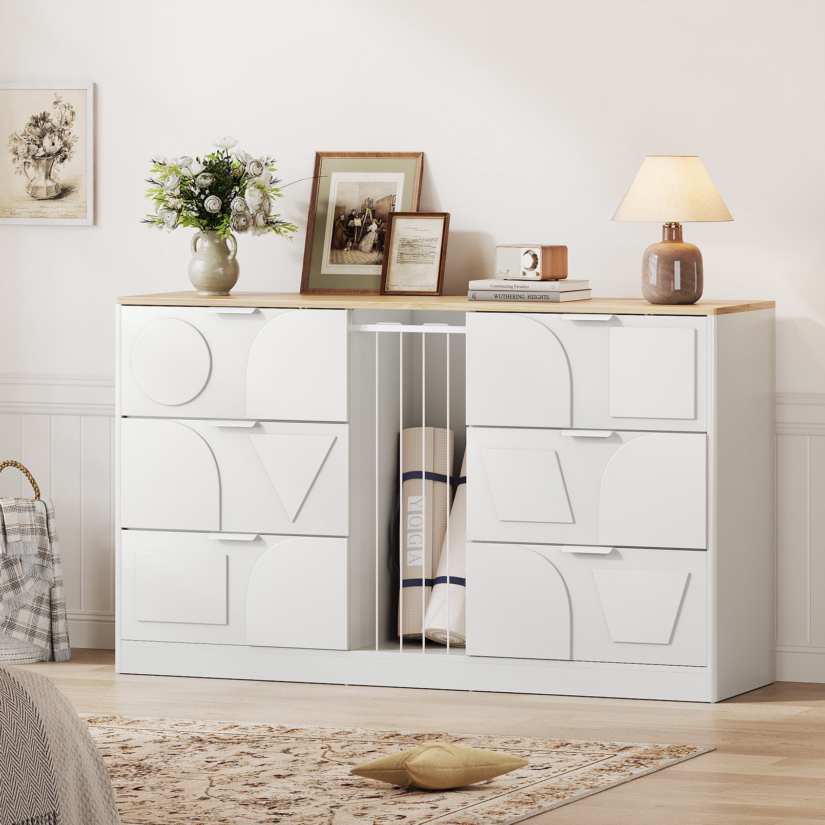 6 Drawer Dresser for Bedroom, 58.1" Wide Wooden Dresser with Geometric Patterns for Kids, Large Dressers & Chests of Drawers for Storing Toys and Yoga Mat, White Dresser