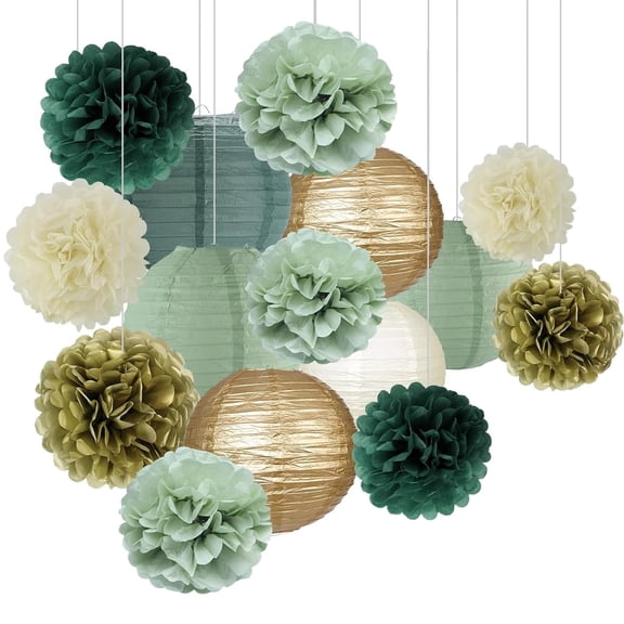 30 Pcs Sage Green Gold White Party Decorations, 8in & 10in Tissue Paper Pom Poms & Paper Lanterns, Hanging Paper Decor for Wedding, Bridal Shower, Birthday & Boho Party Supplies