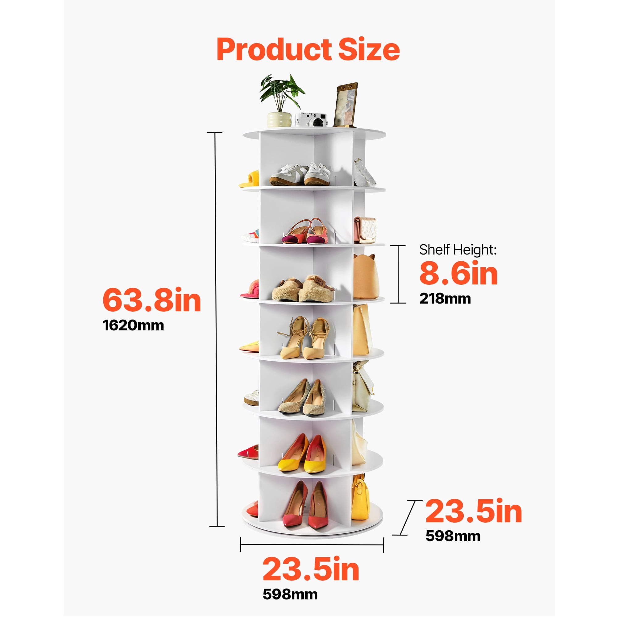 KFFKFF 7-Tier Rotating Shoe Rack, 63.8" Shoe Organizer, Freestanding Shoe Organizer for Bedroom, Living Room, Entryway, Closet, White