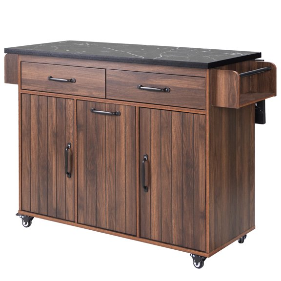 K&K Kitchen Island with Trash Can Storage Cabinet, Kitchen Cart with Drop Leaf, Spice Rack, Towel Rack and Drawer, Rolling Kitchen Island on Wheels with Adjustable Shelf, Walnut Brown