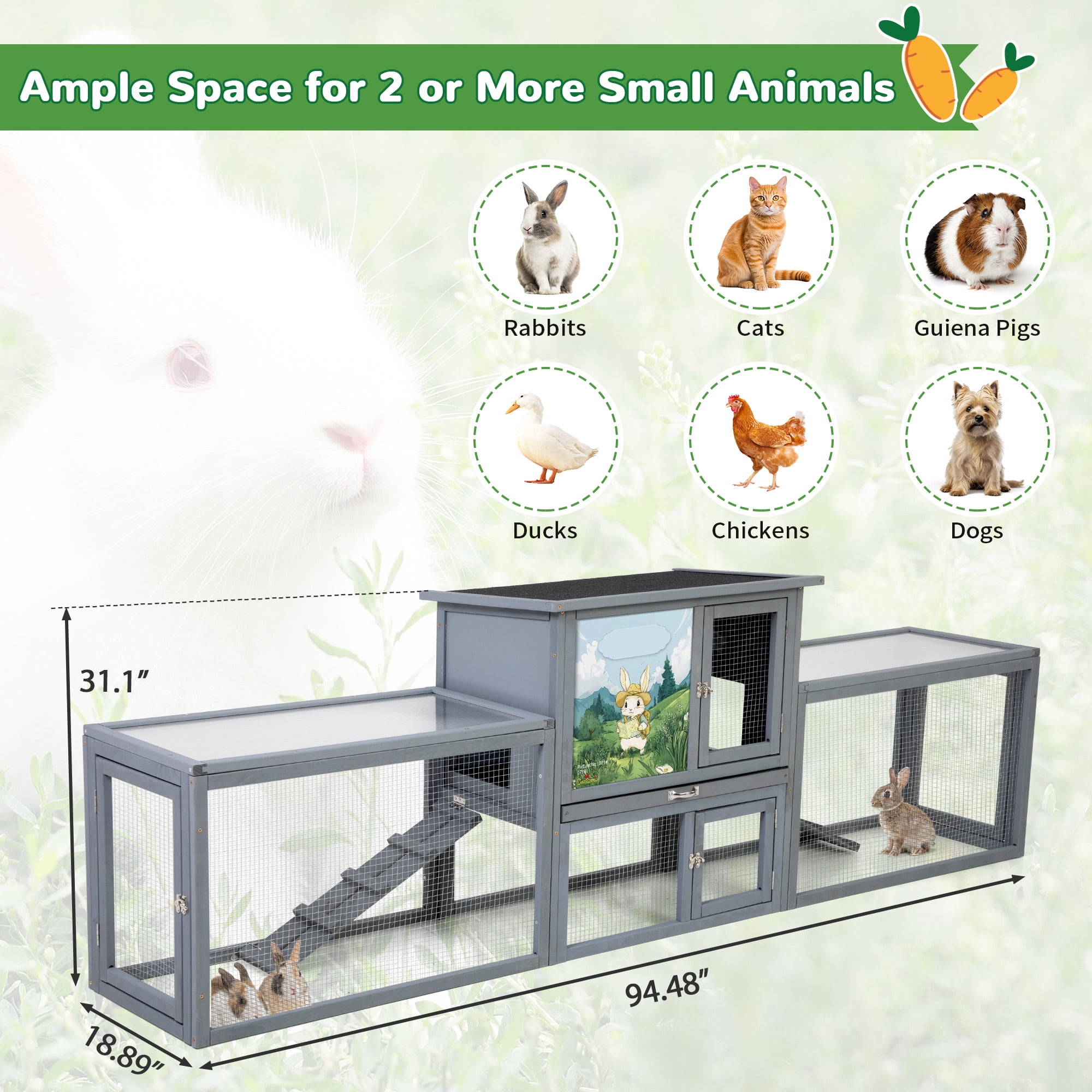 Outdoor 2-Story Rabbit Hutch, Chicken Coop,Large Bunny House with 2 Runs, Resting Room, PC Sun Roof, Pull-Out Tray,Guinea Pig Cage Enclosure