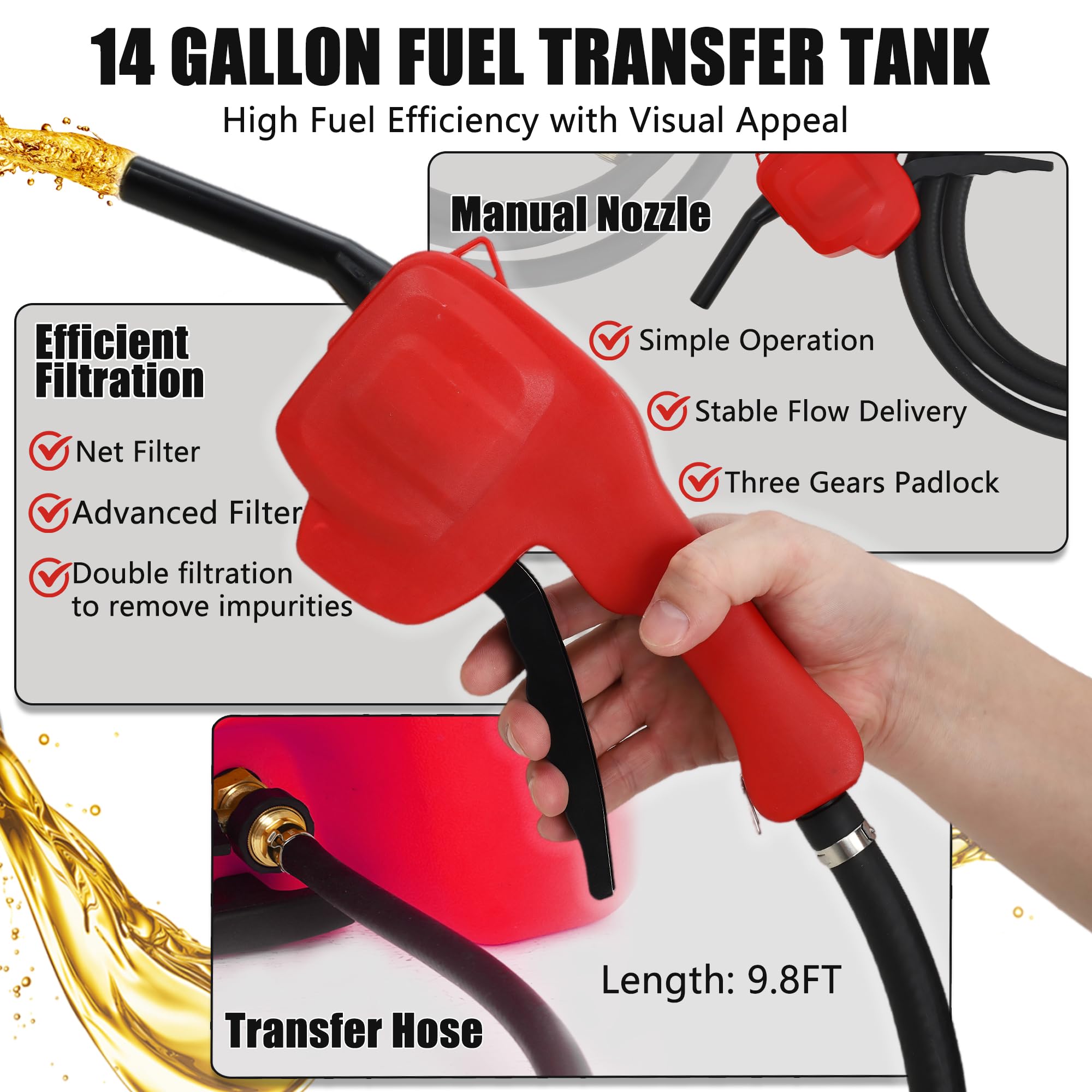 14 Gallon Portable Fuel Tank with Wheels,Gas Caddy with Manual Siphon Pump & 10FT Hose, T-Handle for Easy Carry, Included for Cars, ATVs, Boats,Red
