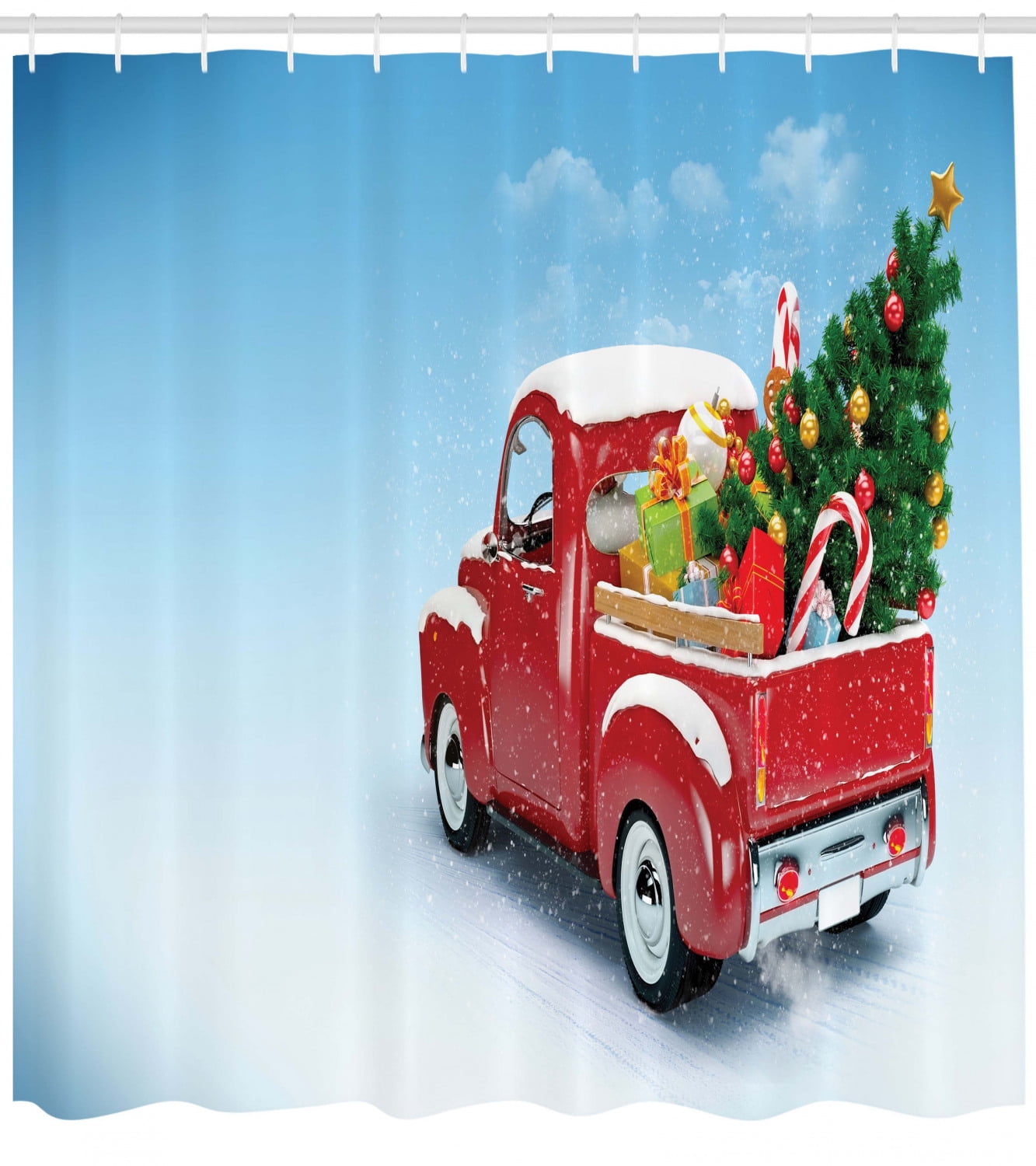 Christmas Fabric Shower Curtain 13 Piece Set Vintage Red Truck W Christmas Tree Shower Curtains Home Garden