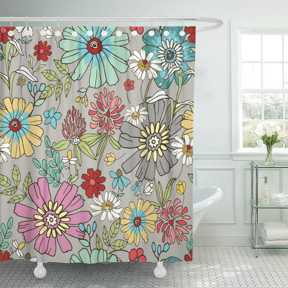 Cynlon Blue Daisy Of Floral Flowers And Leaves On Gray Bathroom Decor Bath Shower Curtain 66x72