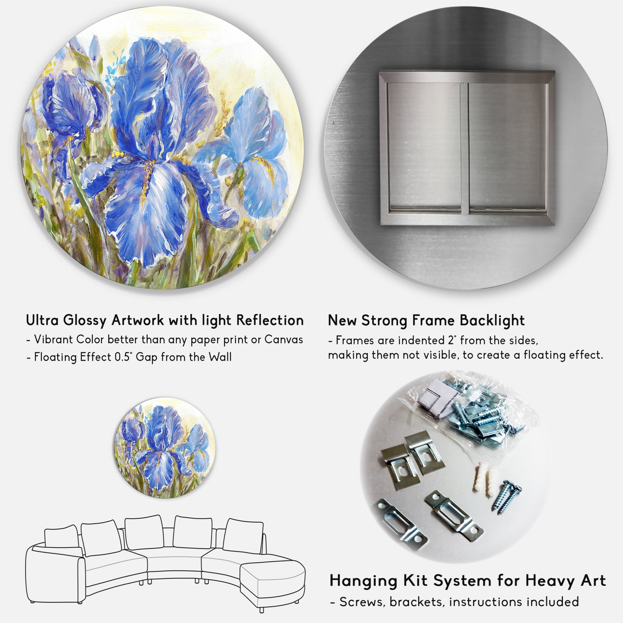 Designart 'Blue Irises Blossoming Flowers' Traditional Circle Metal Wall Art 11x11 - Disc of 11