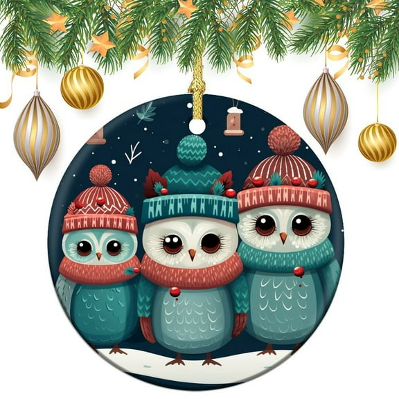 Cute Winter Owls Family Christmas Ornament Christmas Holiday Double-Sided Ceramics Ornaments for Christmas Tree Decoration Xmas Party Decorations for Woman Friend Birthday