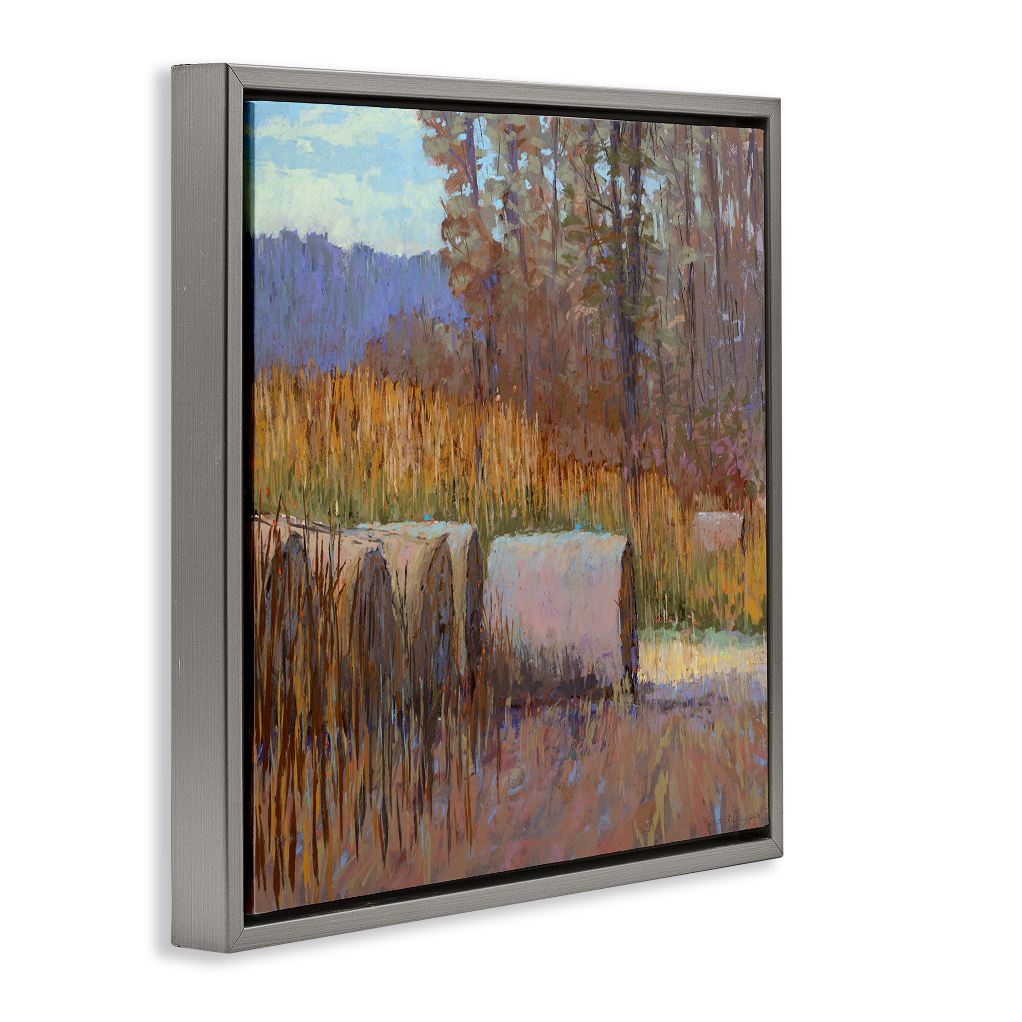 Stupell Industries Country Hay Bales Landscape Painting Gray Floater Framed Canvas Art Print Wall Art, 18 x 18
