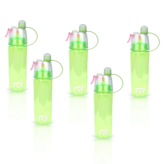 TVP Mist Spray and Sip, 2 in 1 Water Bottle for Sports & Outdoor Use, 20oz Green 5 Pack