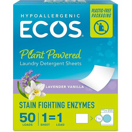 ECOS Laundry Detergent Sheets - No Plastic Jug for 50 Loads - Vegan, No Mess & Liquid Free - Laundry Sheets in Washer - Hypoallergenic, Plant Powered Laundry Detergent Sheets, Lavender, 50 Count