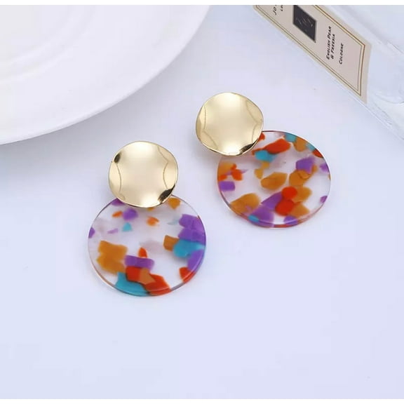 Clip on 1 3/4" gold clear multi colored plastic circle earrings