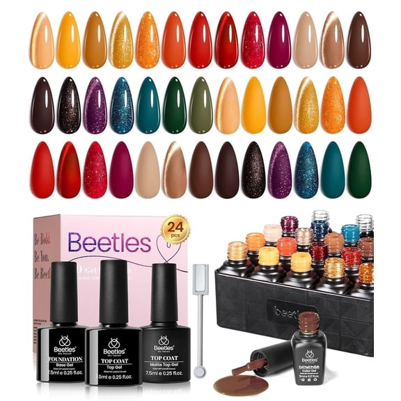 Beetles Fall Cat Eye Gel Nail Polish Set, Red Yellow Brown Green, 20 Count