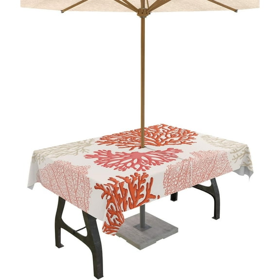 Coastal Outdoor Tablecloth Pink Coral Rectangle Patio Tablecloths 60x120, Nautical Ocean Table Cloths with Umbrella Hole and Zipper, Summer Beach Table Cover for Outdoor Tables Garden Picnic Party