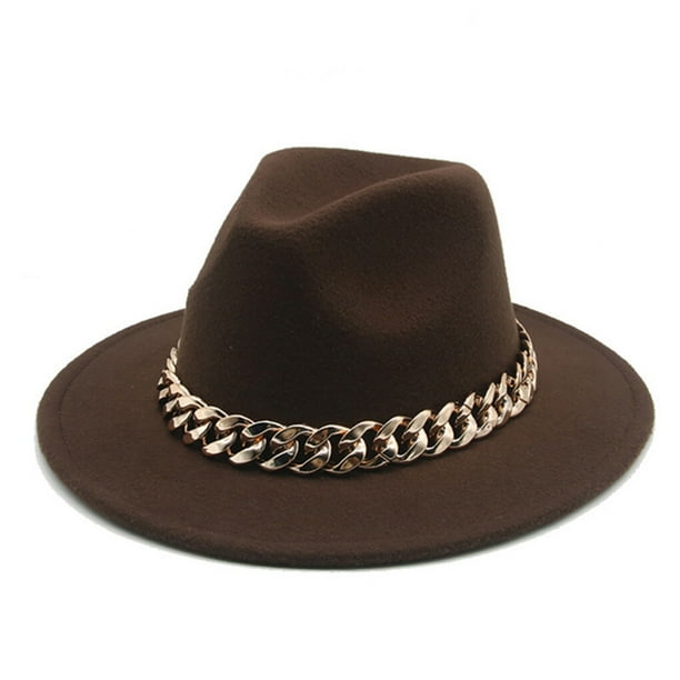 Qarigey Sombreros Fedora Unisex, tejido de ala ancha, collar de oro cálido, gorro de lana, cadena de cono de Color sólido, sombrero grueso de Sombreros Café