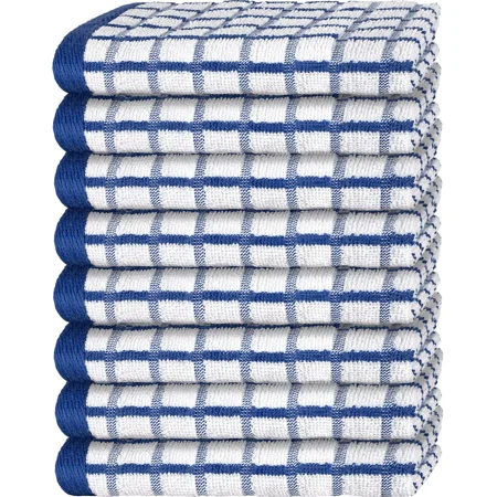 

[8 Pack] Premium Dish Towels for Kitchen with Hanging Loop - Heavy Duty Absorbent 100% Cotton 410 GSM Terry Kitchen Towels 16x26 (Blue)