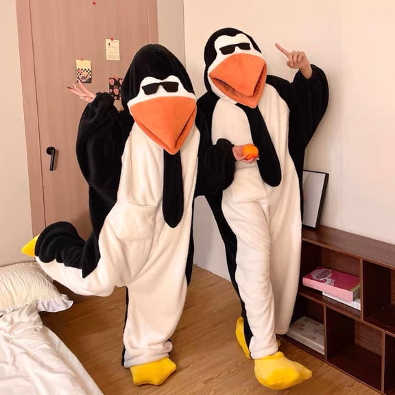 Zydvens Unisex Penguin Cosplay Halloween Costume- Funny Animal Penguin Onesie - Couples Men Women Plush Fleece Hooded Pajamas Novelty Lounge Wear(1*Bodysuit)