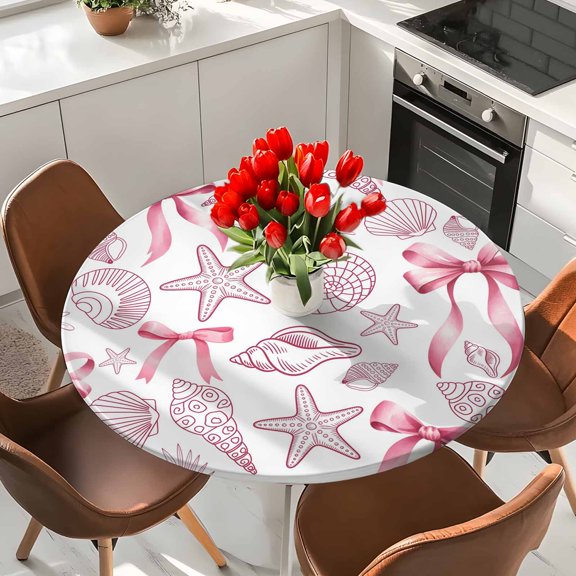 Summer Coastal Ocean Elastic Fitted Round Tablecloth Nautical Starfish Seashells Coral Pink Waterproof Outdoor Table Cover for Holiday Party, Picnic, Patio & Dining Fits Tables Up to 36"-44"