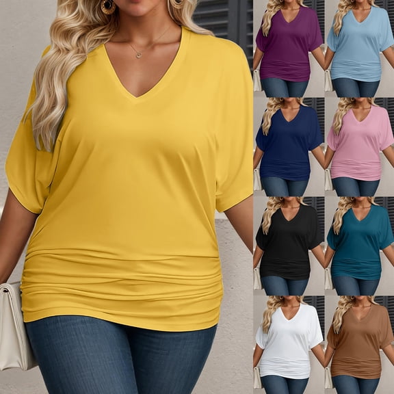 Trendfront Womens Oversize T Shirts Plus Size Solid Color V Neck Casual Short Sleeve Loose Fit Tops Trendy Tee Relaxed Pullover Daily Wear