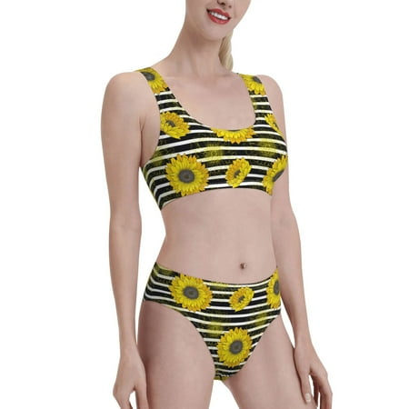 Uemuo Sunflowers On Black And White Stripes Printed Women s High Waisted Bikini Sets Sporty Two Piece Swimsuits Color Block Cheeky High Cut Bathing Suits-XX-Large