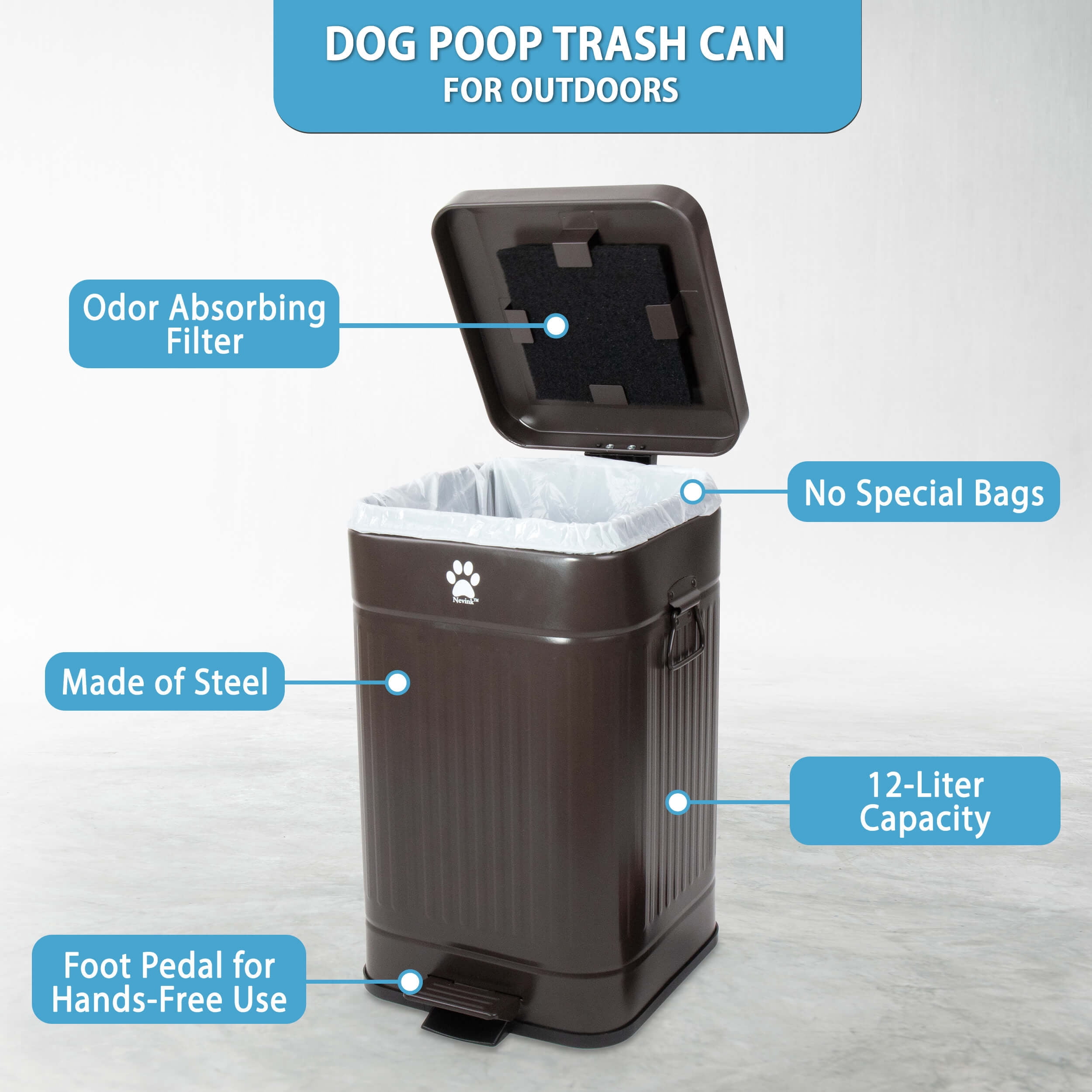 Nevink 3.2 Gallon Odor Free Outdoor Steel Dog Poop Trash Can with Lid, Mulch