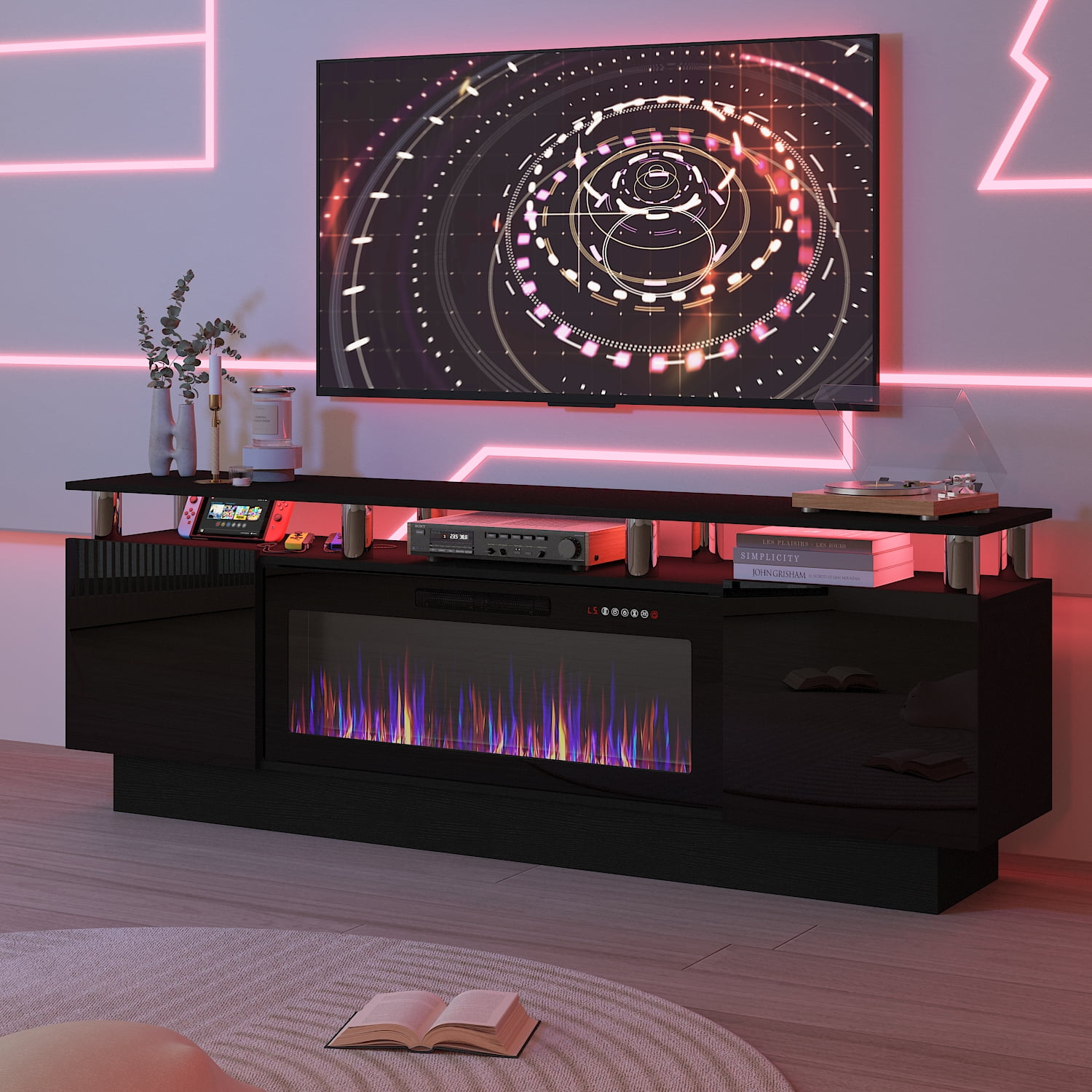 BOSSIN Fireplace TV Stand with 36" Electric Fireplace for Living Room,LED Light Entertainment Center,2 Tier TV Console Stand for TVs Up to 80"