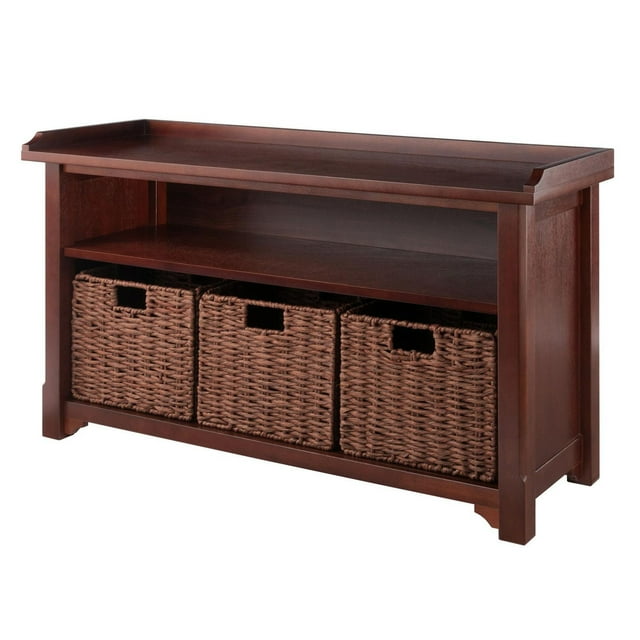 Milan 4-piece walnut storage bench featuring three woven baskets and an open shelf for organized seating.