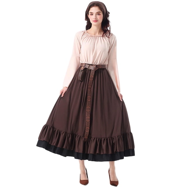 Blusa de manga larga con cuello redondo para mujer, color liso, cinturón, billetera, pañuelo para la cabeza, falda con volantes, conjunto de vestido de Cosplay de Halloween, vestido de poliéster para