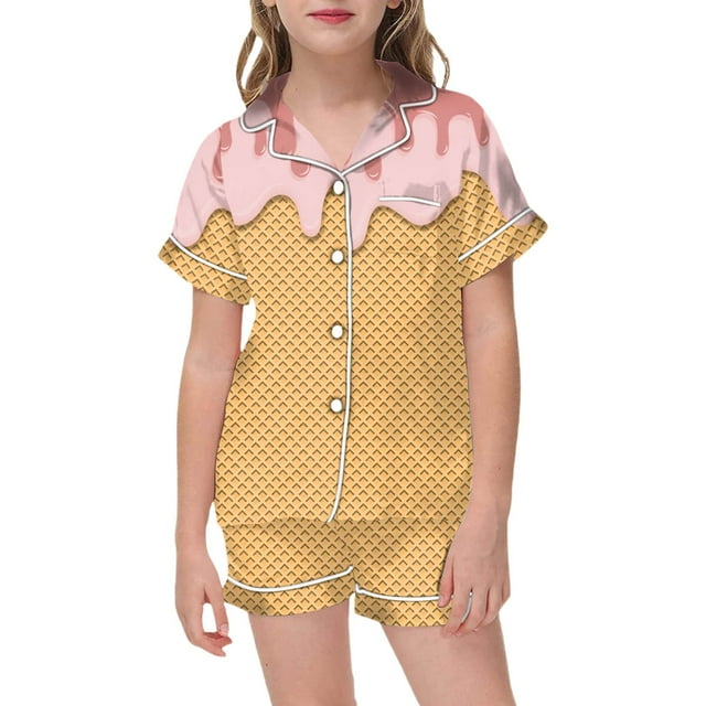 Icvfdpl Tenues pour Tout-Petits Filles, Ensembles de Pyjamas 2 Pcs Enfants Imprimé Graphique Manches Courtes Chemise à Boutons Shorts Ensemble de Pyjama Confortable Vêtements pour Filles, 8-9 Ans