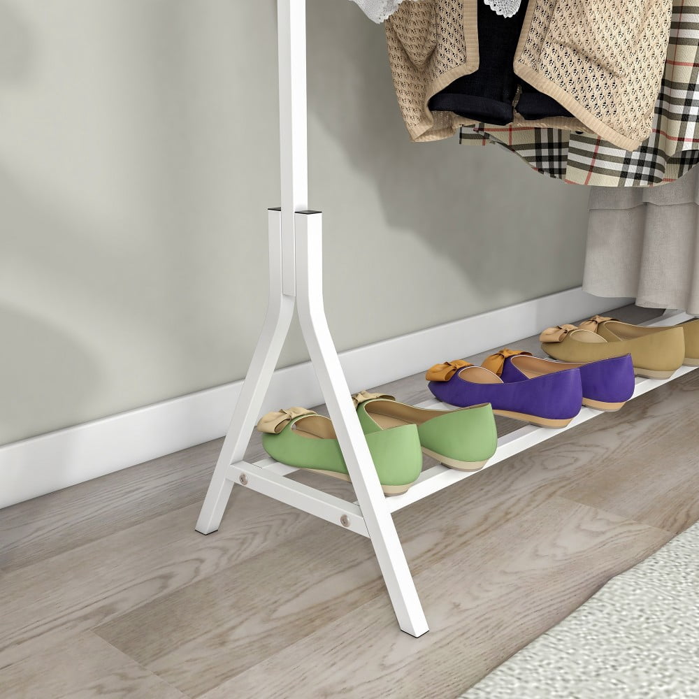 Garment Rack Freestanding Clothes Rack, Heavy-Duty Metal Clothing Rack with Shoe Shelf, Industrial Pipe Design, Space-Saving Hanger, White