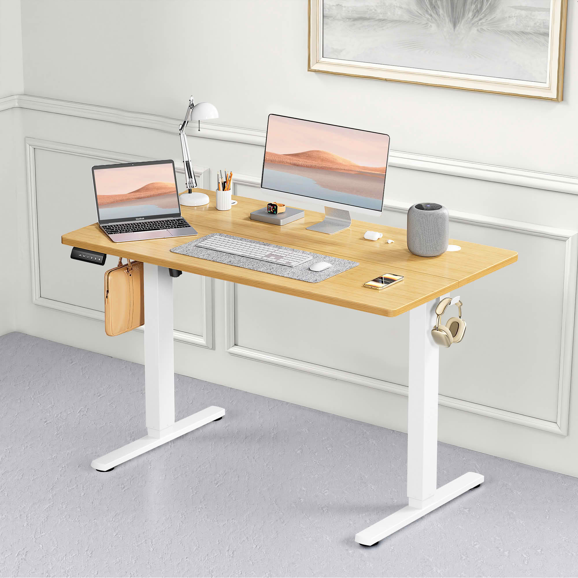 MAYEERTY 48x24 Ergonomic Height Adjustable Desk, T-Shaped Metal Bracket, Computer Workstation,Oak