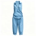 thumbnail image 7 of ibuvkizy Linen 2 Piece Set Women Cotton-Linen Outfit Set,Collared Sleeveless Wrap V Neck Ruched Tops & Elastic Waist Cropped Wide Leg Capri Pants with Pockets,Boho Casual Vacation Matching Suit, 7 of 7