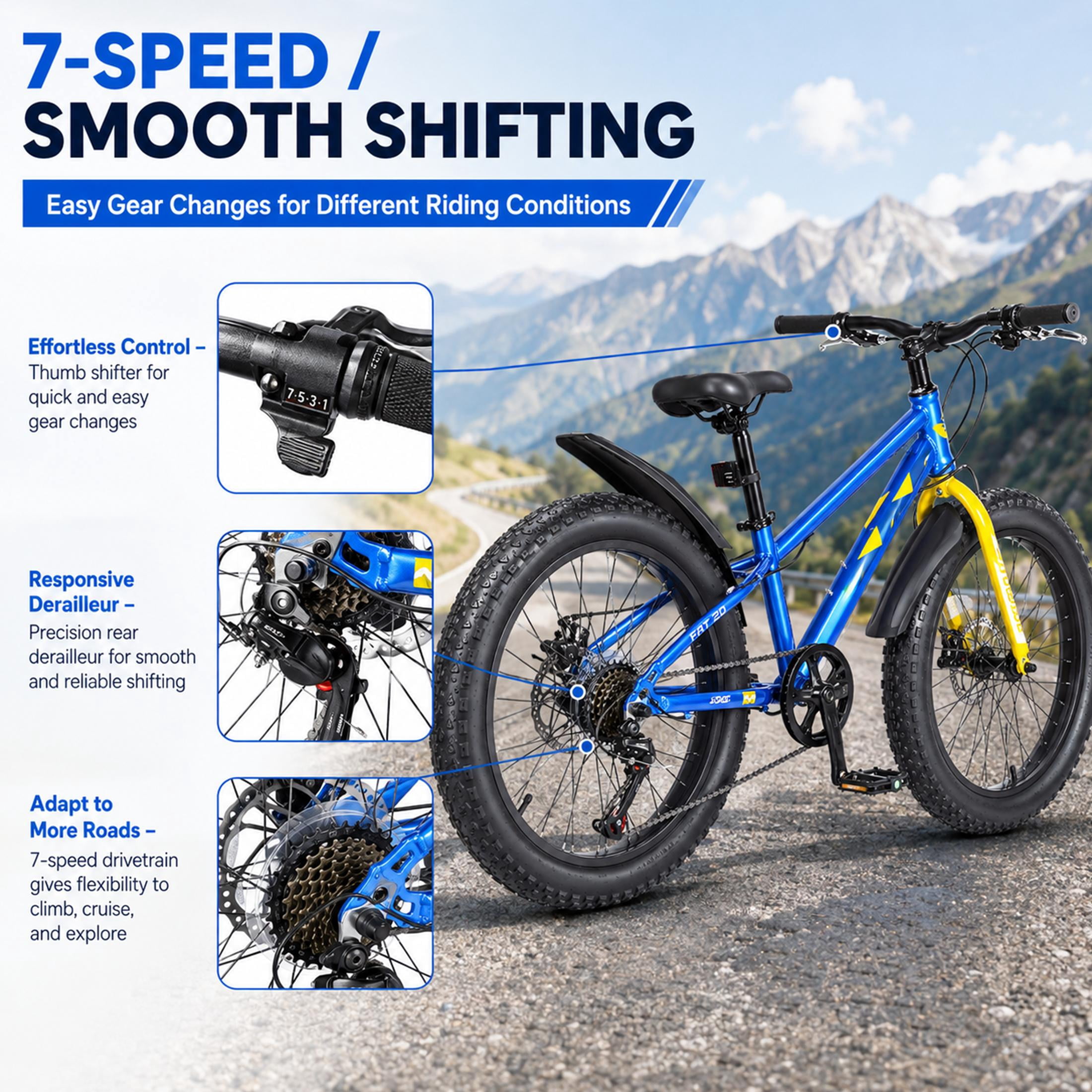 20 Inch Kids Mountain Bike for Boys and Girls Ages 5-12, 7-Speed Fat Tire Bicycle with Dual Disc Brakes and Suspension Fork, Blue Children’s Outdoor Bike for Sand, Snow, and Trail Riding