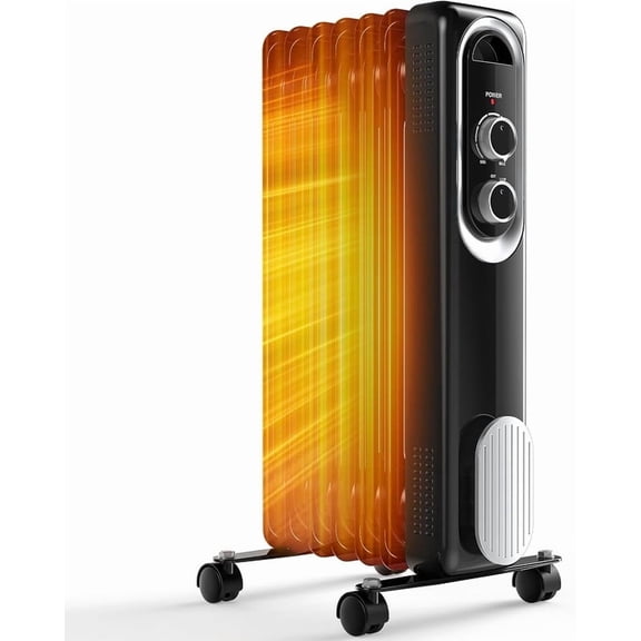 Simenmax 1500W Oil Filled Radiator Heater, Portable Electric Space Heater with Adjustable Thermostat, 3 Heat Settings, Quiet Indoor Heater for Bedroom Office, Black